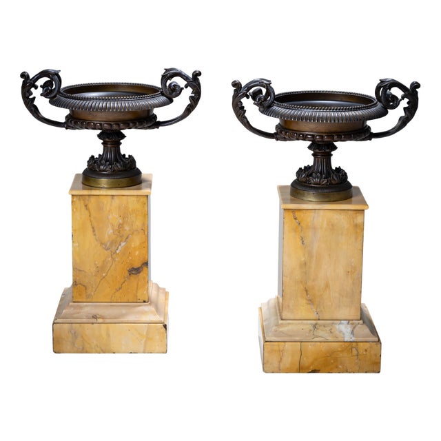 Bronze Tazzas on Siena Marble Pedestals, Set of 2 For Sale