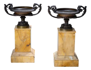 Bronze Tazzas on Siena Marble Pedestals, Set of 2