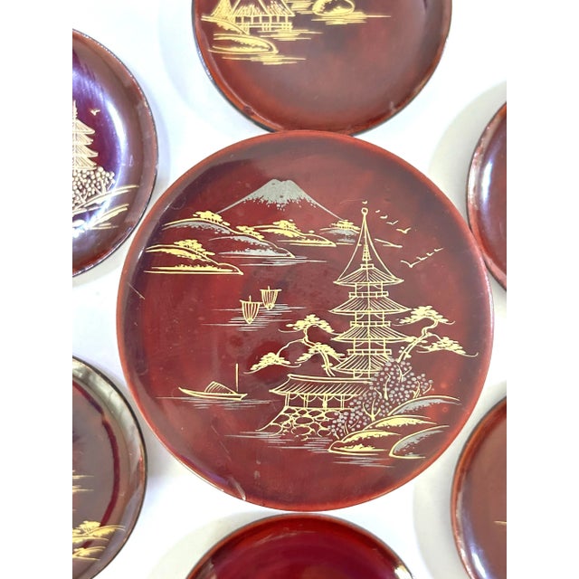 1950s 1950s Chinoiserie Lacquer Coaster Set - Vintage Asian Scenic Barware Coasters With Box - Mid Century Entertaining Decor For Sale - Image 5 of 10