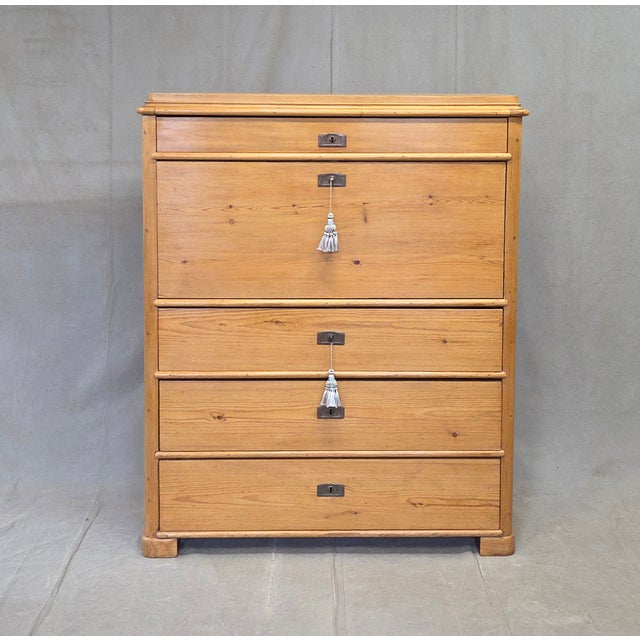 Antique Swedish Biedermeier Natural Pine Drop Front Desk With Drawers and Keys For Sale In Denver - Image 6 of 17