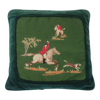 Vintage Equestrian Hunt Scene Needlepoint Pillow For Sale