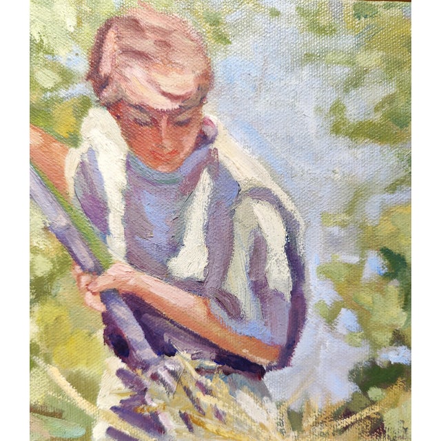 A lovely vintage expressionist/impressionist painting of a woman forking hay into a wheelbarrow on a farm in the country....