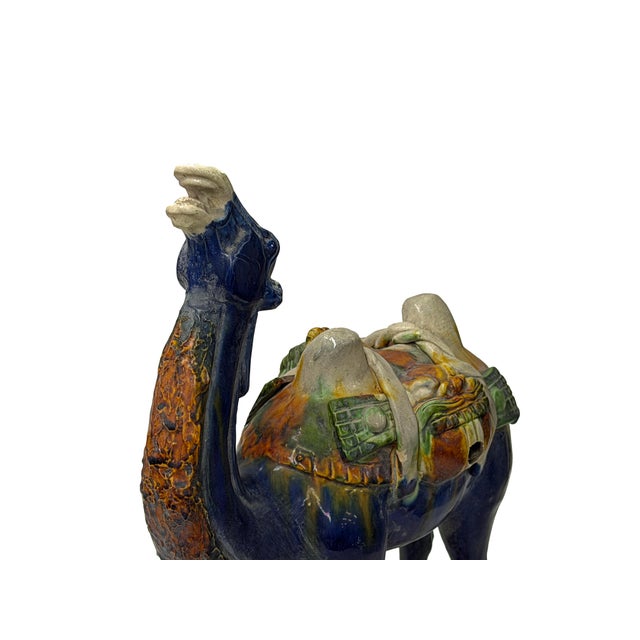 Blue Oriental Ceramic Sancai Dark Blue Brown Beige Fengshui Artistic Camel Figure For Sale - Image 8 of 11