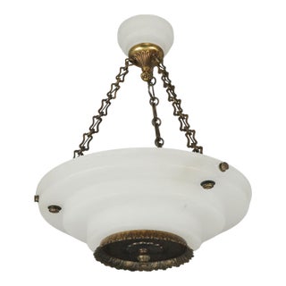 Mid 20th Century Restored French Art Deco White Alabaster Dish Pendant Light For Sale