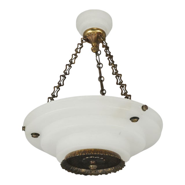 Mid 20th Century Restored French Art Deco White Alabaster Dish Pendant Light For Sale