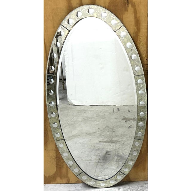 A Jonathan Adler Venetian Style Optic Convex Etched and Beveled Oval Mirror For Sale - Image 9 of 9