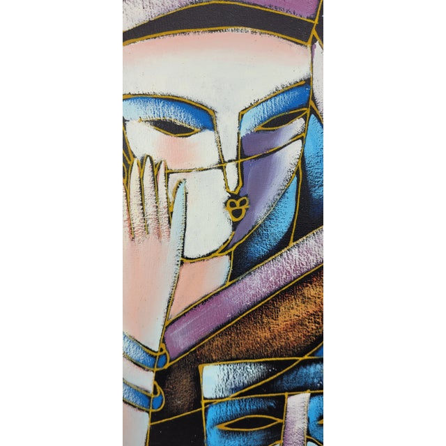 Wood Vintage Postmodern Cubist Figurative Signed Canvas Acrylic Painting, Framed For Sale - Image 7 of 8