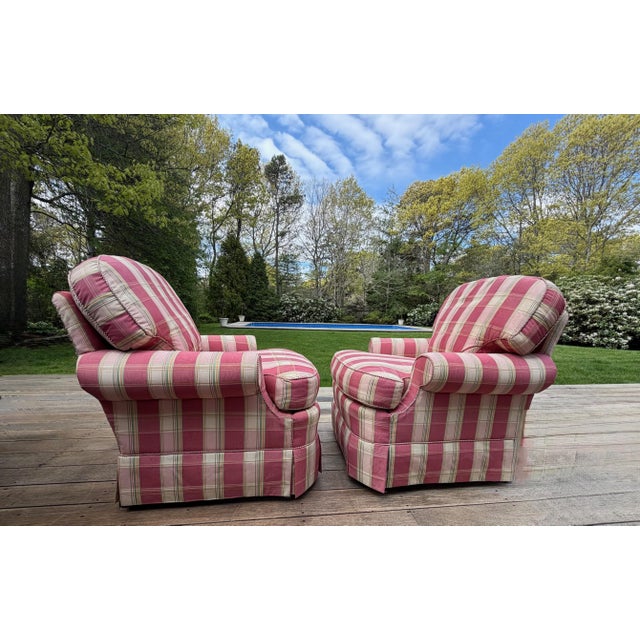 A Pair of Custom Pink Plaid Pleated Skirt Lounge Chairs With Rolled Arms For Sale - Image 12 of 18