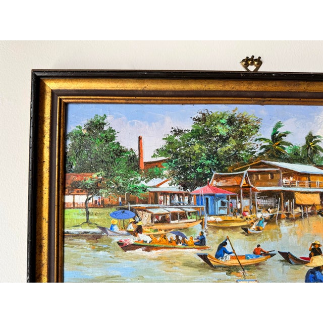 1970s 1970's Vintage Asian Floating Market Oil on Masonite Painting by Sam Ruey For Sale - Image 5 of 11