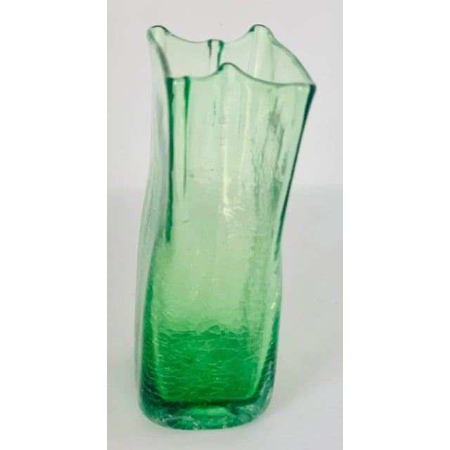 2009 Blenko Antique Green Paper Bag Blown Art Crackle Glass Vase Mid-Century Modern Style For Sale - Image 9 of 12