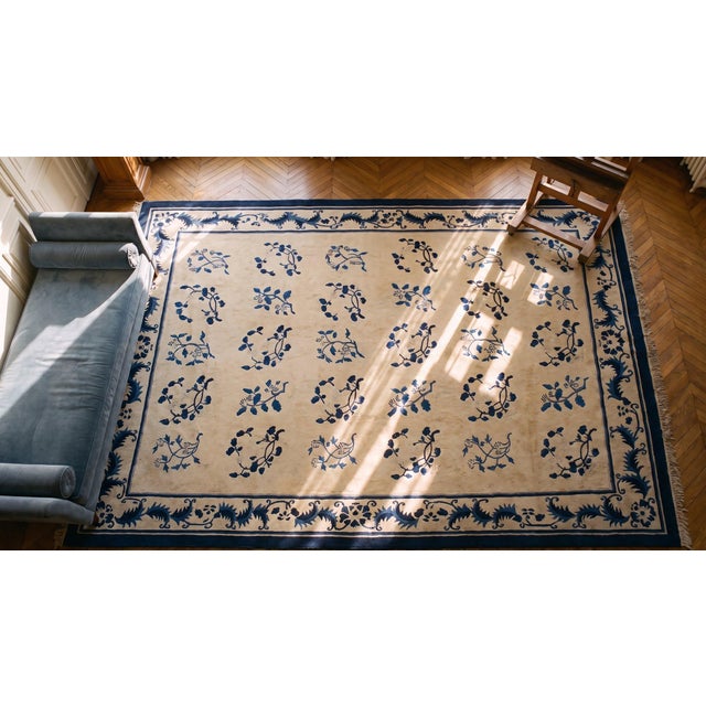 Ivory 1890s White Ivory Foliate Antique Chinese Peking Rug 9' 2" X 11' 6" Handknotted Wool Carpet For Sale - Image 8 of 9