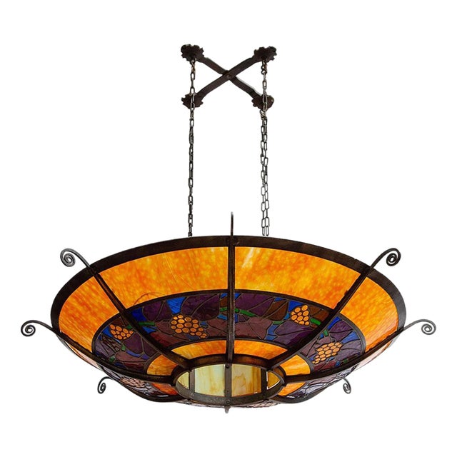 Large French Round Stained Glass Chandelier, 1900s For Sale