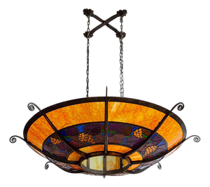 Large French Round Stained Glass Chandelier, 1900s
