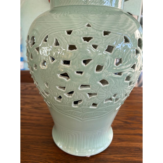 Late 20th Century Pair of Celadon Pierced Ginger Jars With Finial Lids For Sale - Image 4 of 10