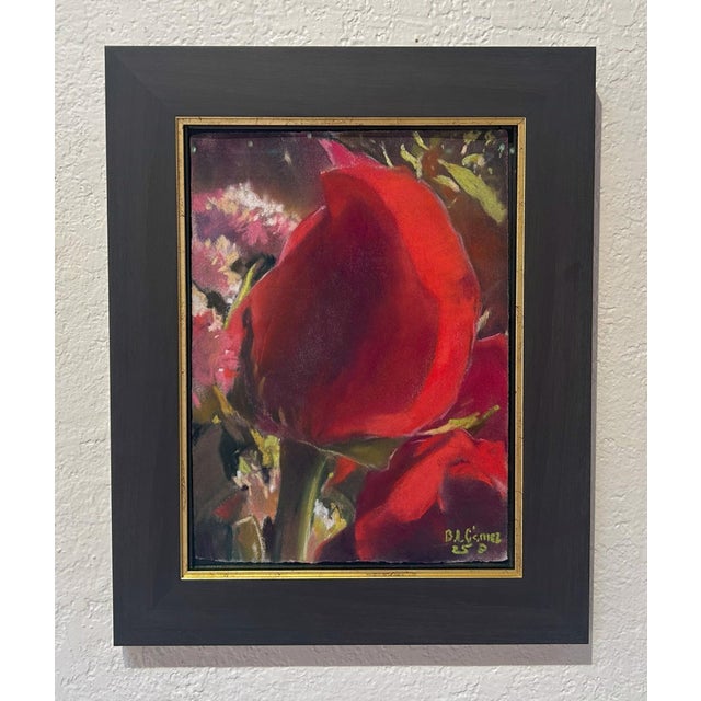 Contemporary December Rose Opening by Bruce A Gómez | Pastel of a red rose bud with green leaves For Sale - Image 3 of 5