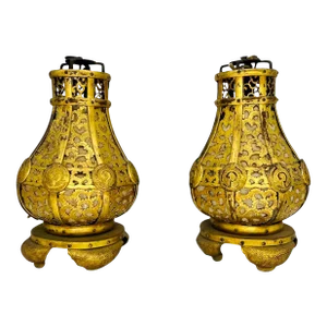 Pair, Meiji Period Japanese Gilt Bronze & Parchment Pierced Lanterns Hang or Table