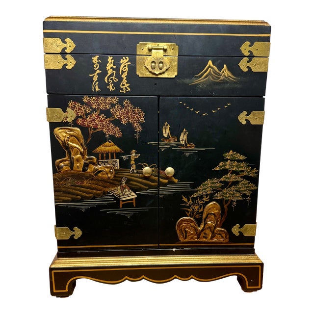 Vintage Large Lacquered Asian Jewelry Box Chest For Sale