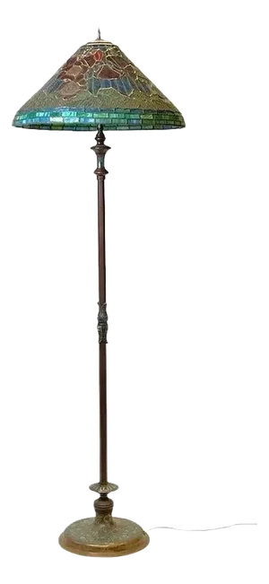 Vintage Aesthetic Leaded Glass and Champleve Bronze Floor Lamp