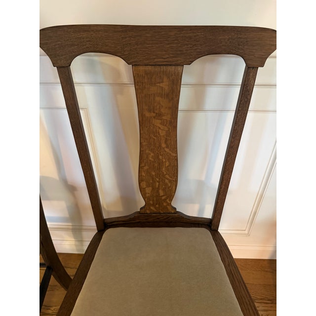 Pair of Antique Oak Dining Chairs With New Neutral Upholstery For Sale - Image 4 of 8