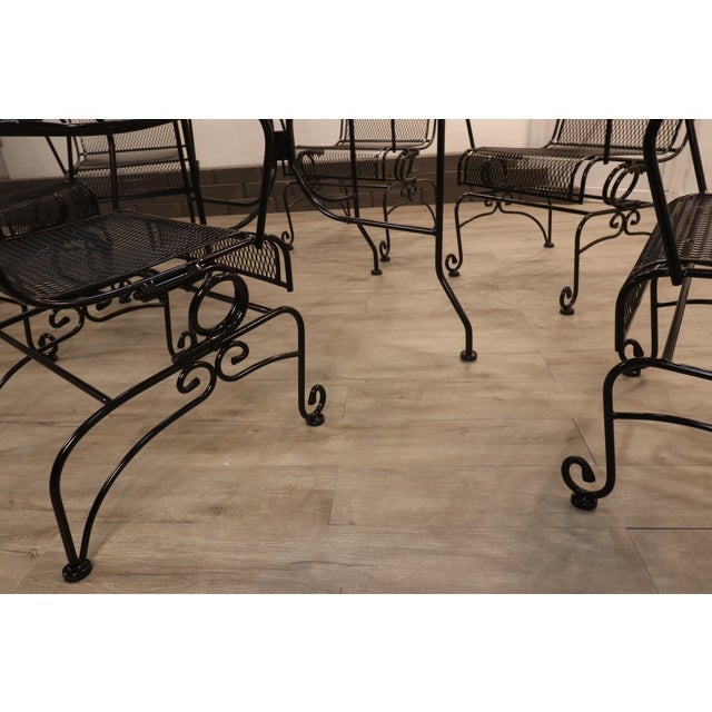 Rare Vintage Scroll Footed Wrought Iron Family Patio Set Six Chairs and Table, Attributed For Sale - Image 6 of 15