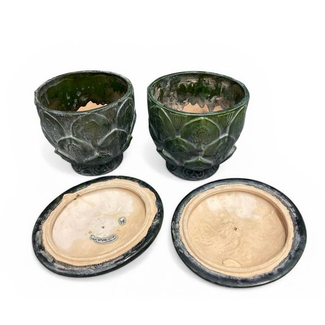 2000 - 2009 Pair of Vintage Mid-Century Modern Artichoke Footed Ceramic Jars With Lid For Sale - Image 5 of 11