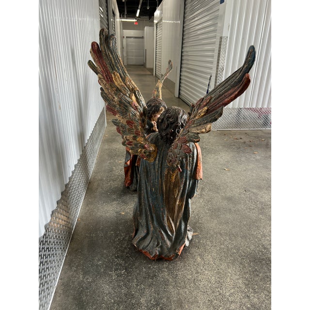 Green Large Late 20th Century Continental Hand Carved Wood Angels - a Pair For Sale - Image 8 of 11