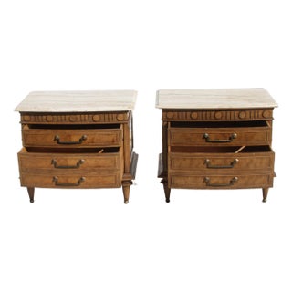 1940s Pair of Italian 3 Drawer Travertine Marble Top Nightstands For Sale