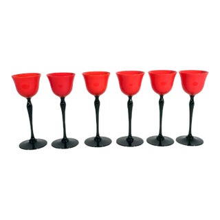 1920s Czech Art Deco Tango Glass Red & Black Cordial Glasses — Set of 6 For Sale