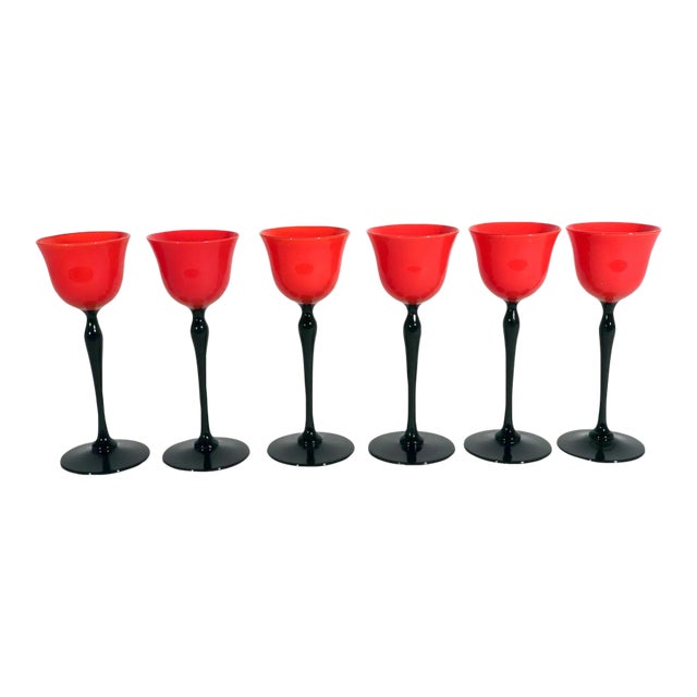 1920s Czech Art Deco Tango Glass Red & Black Cordial Glasses — Set of 6 For Sale