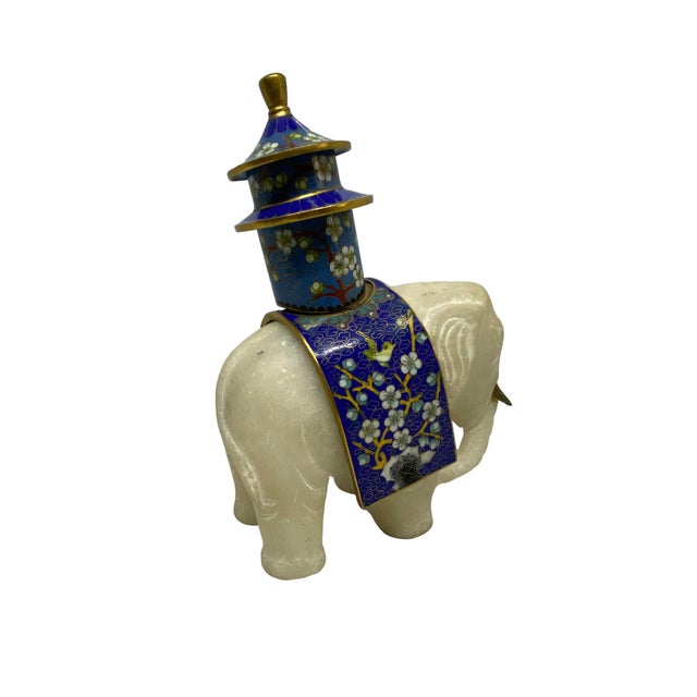 Vintage Japanese Carved Alabaster Elephant Figurine With Blue Cloisonné Ink Well With Cherry