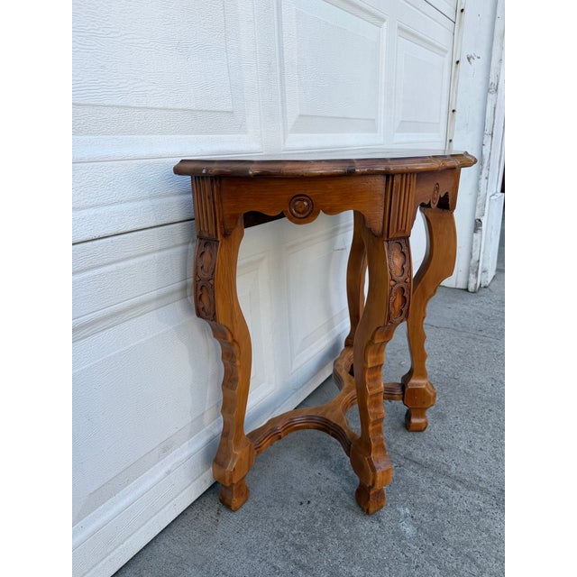 Wood Vintage French Louis XV Style Demilune Console Table With Inlaid Fan Top & Carved Cabriole Legs For Sale - Image 7 of 12