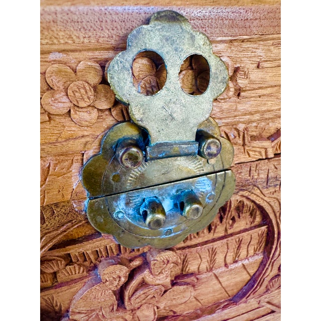 Vintage Chinese Hand Carved Hardwood Jewelry Box Scenic Relief Brass Lock For Sale - Image 9 of 13