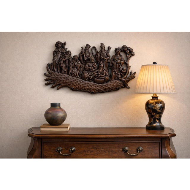 Wood Vintage Hand-Carved Chinese Eight Immortals Wall Panel in Dark Hardwood, Figural Relief Sculpture For Sale - Image 7 of 7