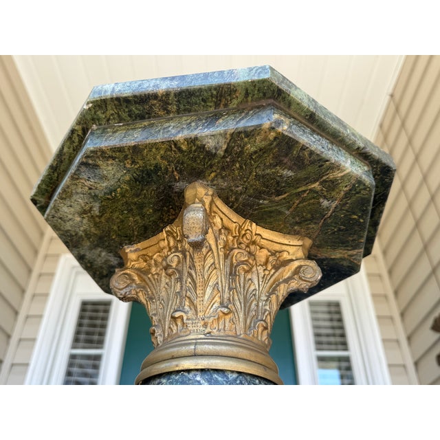 Fine Antique 1800s Verde Antico Marble Column Pedestal Ft. Gilded Corinthian Capital For Sale - Image 9 of 15