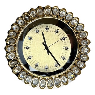 Hollywood Regency Gold and Crystal Clock from Junghans, 1970s For Sale
