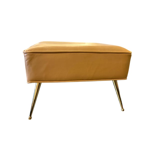 Mid-Century Modern Pair of Stools in Camel Italian Leather With Solid Brass Legs With Ball Feet For Sale - Image 3 of 7