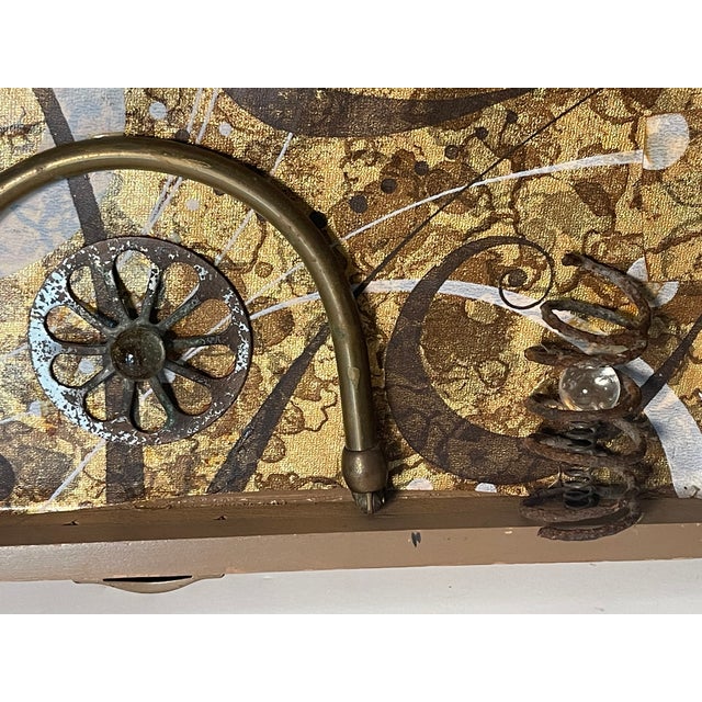 Unique brutalist style outsider art of metal found objects and glass roundells. Signed verso and dated 2010.