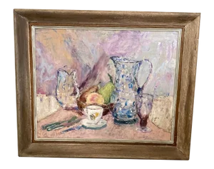 Mid 20th Century Expressionist Style Still Life Oil Painting, Framed