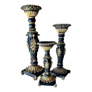 Late 20th-Century French Baroque-Style Faux Ebonized & Gilt Painted Finish Candleholders - Set of 3 For Sale