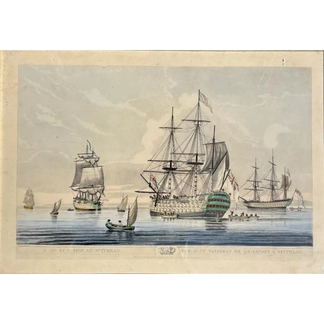 Antique Pair of English Maritime Colored Etchings, 1806. English hand colored etchings of a 90 Gun Ship at Spithead and a...