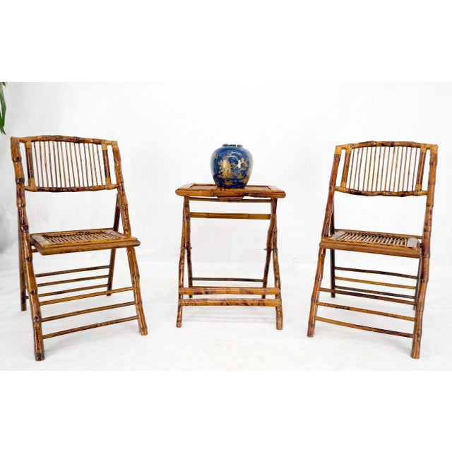 Ficks Reed Burnt Bamboo Vintage Folding Cafe Occasional Table w/ Two Matching Chairs Set For Sale - Image 4 of 16