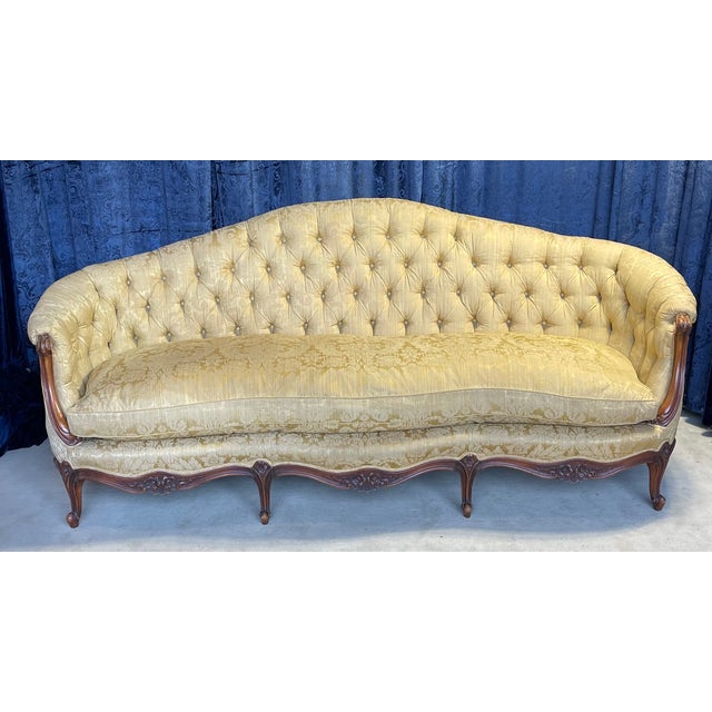 Vintage French Button Back Tufted Sofa With Gold Damask Fabric For Sale - Image 13 of 13