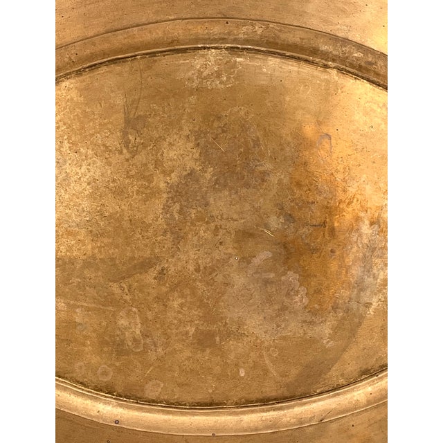 Vintage Italian Hollywood Regency Oval Statement Size Brass Tray With Faux Boar Tusk Handles and Cross Strap Trim For Sale - Image 12 of 16