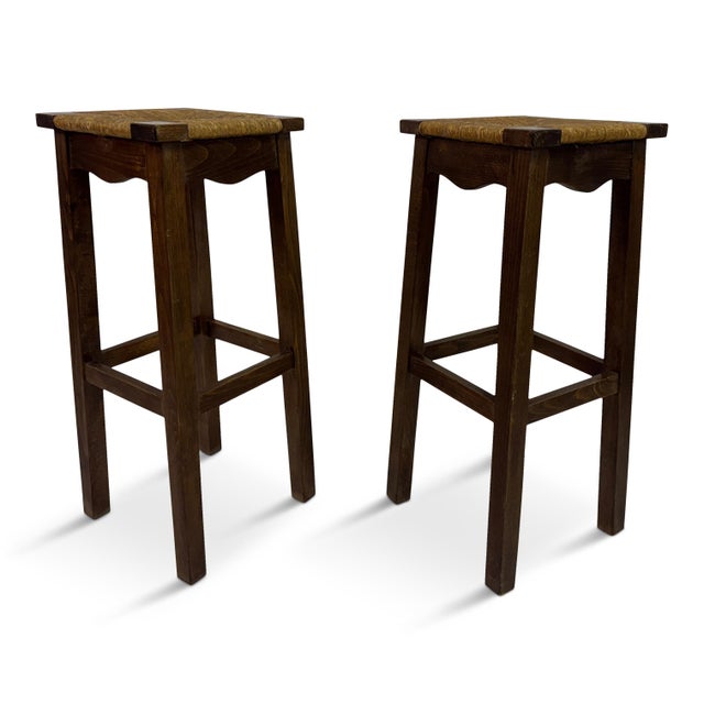 Vintage French Bar Stools in Oak and Rush, 1960s, Set of 2 For Sale - Image 13 of 13