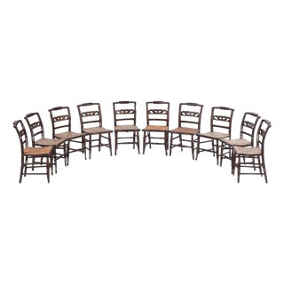 Set of Ten Hitchcock Ebonized Ladderback Dining Chairs With Rush Seats, 19th Century For Sale