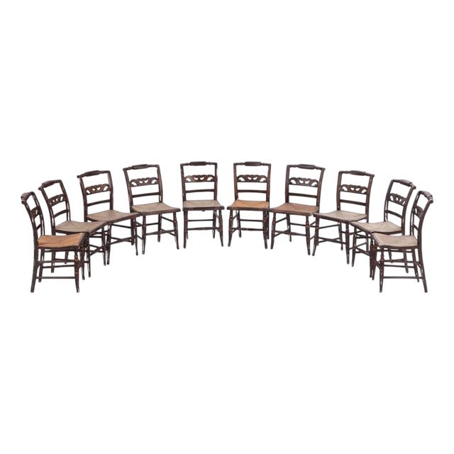 Set of Ten Hitchcock Ebonized Ladderback Dining Chairs With Rush Seats, 19th Century For Sale