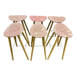 Set of 6 Steelcase Enea Café Wood Counter Stool Upholstered Red Seat For Sale