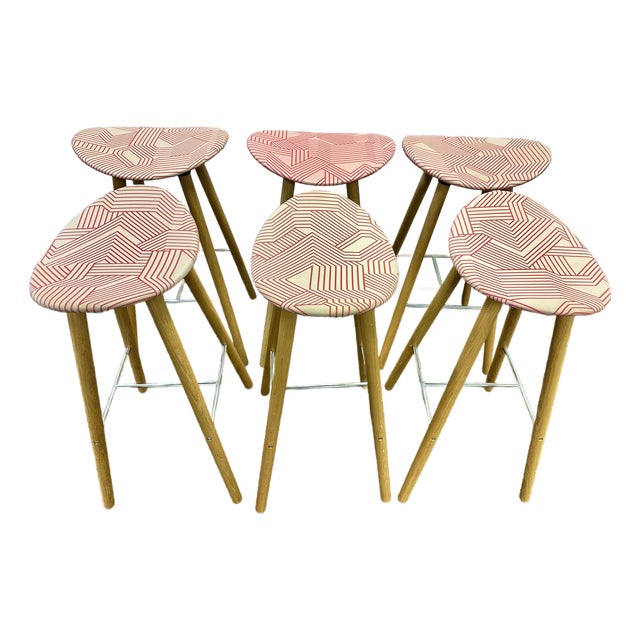 Set of 6 Steelcase Enea Café Wood Counter Stool Upholstered Red Seat For Sale