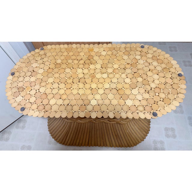 1970s Coastal McGuire Sheaf of Wheat Bamboo Pedestal Oval Glass Dining Table Signed For Sale - Image 11 of 11