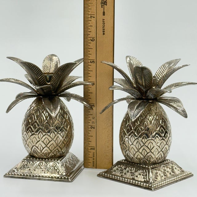 1980s Pair of Silver Plated Metal Pineapple Candle Holders by Godinger For Sale - Image 9 of 18